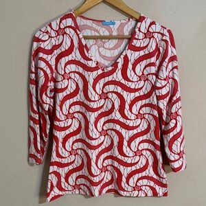 J. McLaughlin Catalina Cloth Red White Nautical Pattern Top 3/4 Sleeve Size M